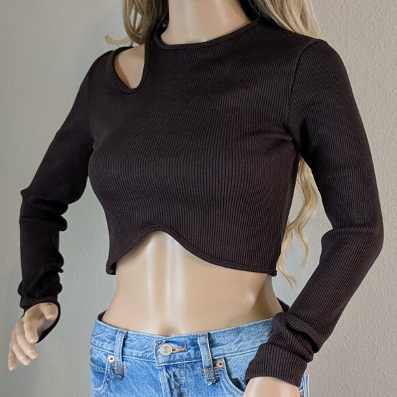 Zara Top Women's Large Brown Cropped Ribbed Cut-Out Long Sleeve Asymmetric Shirt - Picture 4 of 13